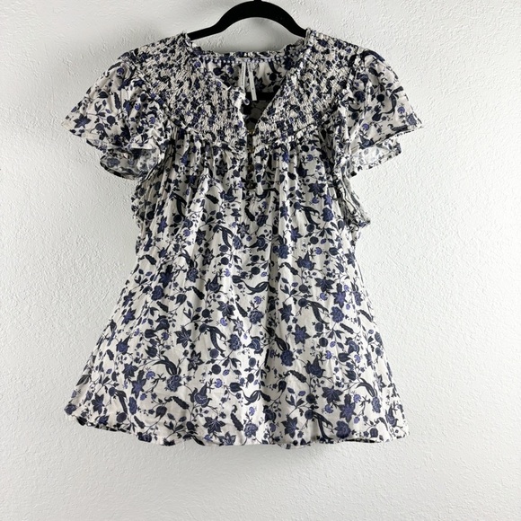 Anthropologie White and Blue Floral Tie-Front Blouse - Picture 2 of 5